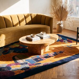 Antique Chinese Art Deco Round Geometric Hand Knotted Pile Yellow Rug (SKU 21559) - room view