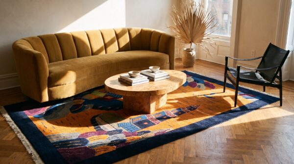 Antique chinese art deco round geometric hand knotted pile yellow rug (sku 21559) - room view