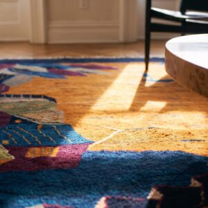 Antique Chinese Art Deco Round Geometric Hand Knotted Pile Yellow Rug (SKU 21559) - in-room detail