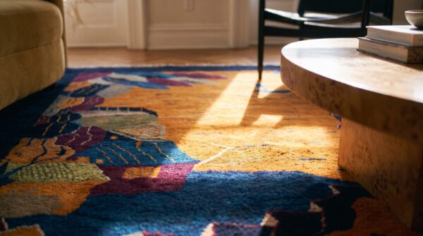 Antique chinese art deco round geometric hand knotted pile yellow rug (sku 21559) - in-room detail