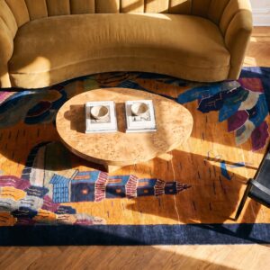 Antique Chinese Art Deco Round Geometric Hand Knotted Pile Yellow Rug (SKU 21559) - styled overhead view