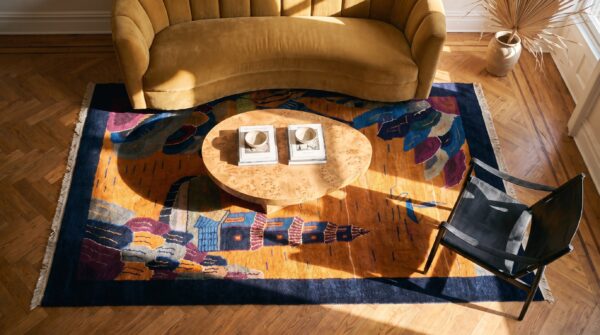 Antique chinese art deco round geometric hand knotted pile yellow rug (sku 21559) - styled overhead view