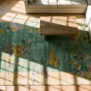 Antique Chinese Art Deco Sea Foam Green Hallway Runner Rug (SKU 25407) - styled overhead view