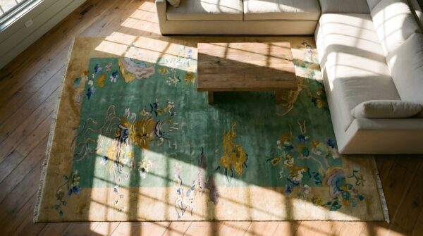 Antique chinese art deco sea foam green hallway runner rug 2 Antique chinese art deco sea foam green hallway runner rug (sku 25407) - styled overhead view