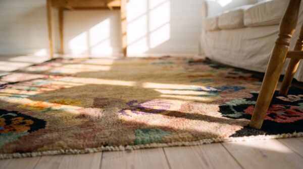 Antique chinese - art deco small scatter size wool ivory rug 7 Antique chinese - art deco small scatter size wool ivory rug (sku 24824) - in-room detail
