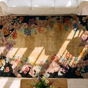 Antique Chinese - Art Deco Small Scatter Size Wool Ivory Rug (SKU 24824) - styled overhead view