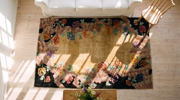 Antique chinese - art deco small scatter size wool ivory rug 2 Antique chinese - art deco small scatter size wool ivory rug (sku 24824) - styled overhead view
