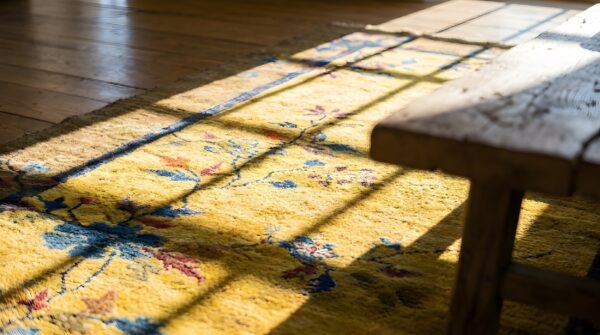 Antique chinese - art deco small scatter size wool yellow rug (sku 25152) - in-room detail