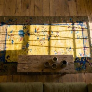 Antique Chinese - Art Deco Small Scatter Size Wool Yellow Rug (SKU 25152) - styled overhead view