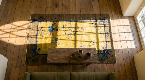 Antique chinese - art deco small scatter size wool yellow rug (sku 25152) - styled overhead view