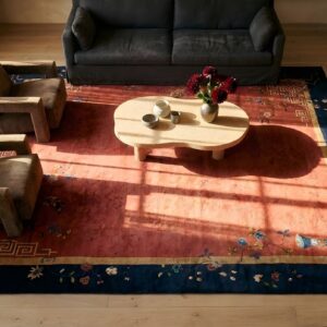 Antique Chinese Art Deco Square Room Size Minimalist Walter Nichols Rug (SKU 24568) - styled overhead view