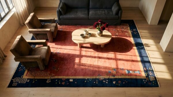 Antique chinese art deco square room size minimalist walter nichols rug 2 Antique chinese art deco square room size minimalist walter nichols rug (sku 24568) - styled overhead view