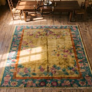 Antique Chinese - Art Deco Yellow 1920s Rug (SKU 23032) - styled overhead view