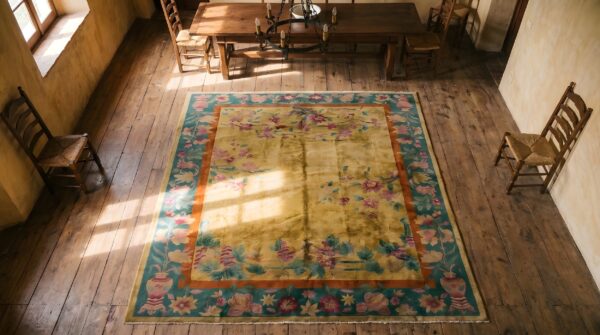 Antique chinese - art deco yellow 1920s rug 2 Antique chinese - art deco yellow 1920s rug (sku 23032) - styled overhead view
