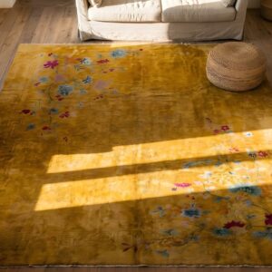Antique Chinese - Art Deco Yellow 1930s Rug (SKU 23142) - styled overhead view