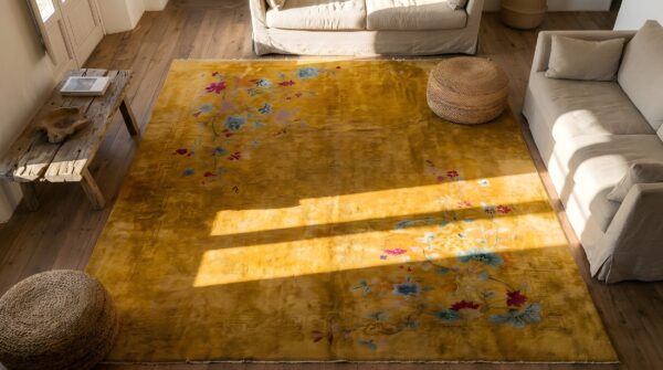 Antique chinese - art deco yellow 1930s rug 2 Antique chinese - art deco yellow 1930s rug (sku 23142) - styled overhead view