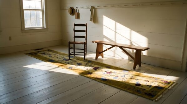 Antique chinese art deco yellow hallway runner rug 5 Antique chinese art deco yellow hallway runner rug (sku 25047) - room view