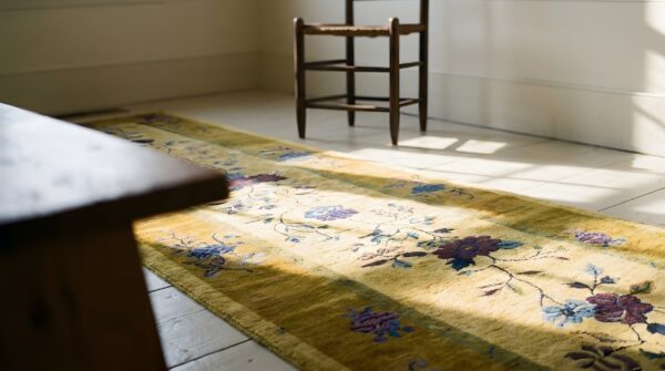 Antique chinese art deco yellow hallway runner rug 6 Antique chinese art deco yellow hallway runner rug (sku 25047) - in-room detail