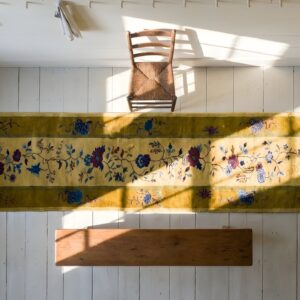 Antique Chinese Art Deco Yellow Hallway Runner Rug (SKU 25047) - styled overhead view