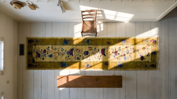 Antique chinese art deco yellow hallway runner rug 2 Antique chinese art deco yellow hallway runner rug (sku 25047) - styled overhead view