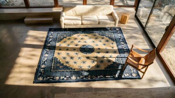 Antique chinese baotou 1920s square rug (sku 25318) - styled overhead view