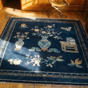 Antique Chinese - Baotou Blue 1920s Rug (SKU 23213) - styled overhead view
