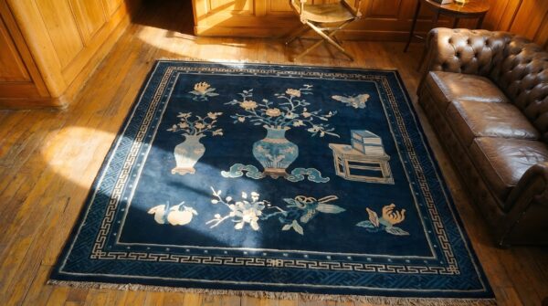 Antique chinese - baotou blue 1920s rug 2 Antique chinese - baotou blue 1920s rug (sku 23213) - styled overhead view