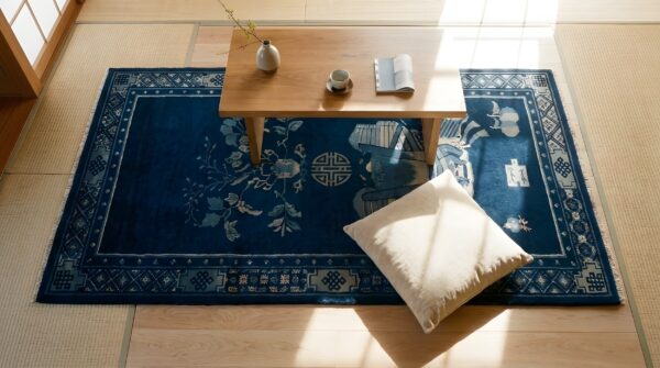 Antique chinese - baotou blue 1925 rug (sku 23235) - styled overhead view