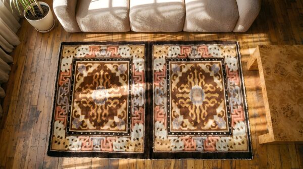 Antique chinese - baotou chinese brown 1920s rug 2 Antique chinese - baotou chinese brown 1920s rug (sku 22009) - styled overhead view