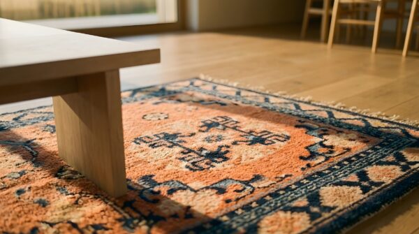 Antique chinese - baotou coral 1930s rug 8 Antique chinese - baotou coral 1930s rug (sku 23241) - in-room detail