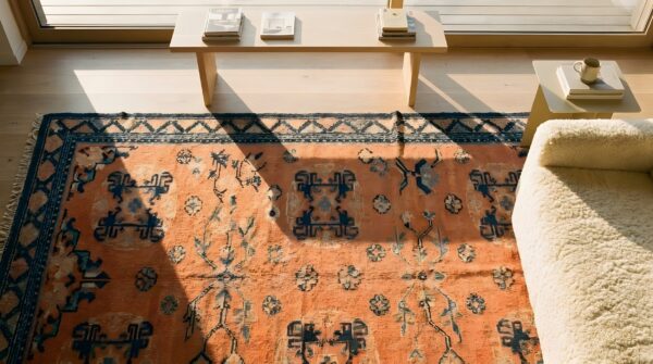 Antique chinese - baotou coral 1930s rug 2 Antique chinese - baotou coral 1930s rug (sku 23241) - styled overhead view