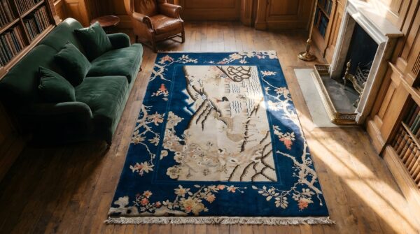Antique chinese - baotou hallway runner wool ivory rug (sku 23106) - styled overhead view