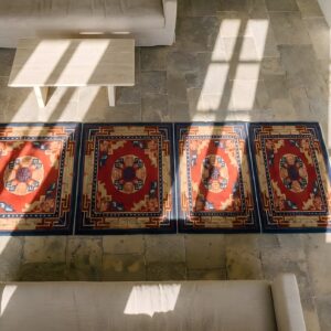 Antique Chinese Baotou Hallway Runner Wool Red Rug (SKU 22483) - styled overhead view