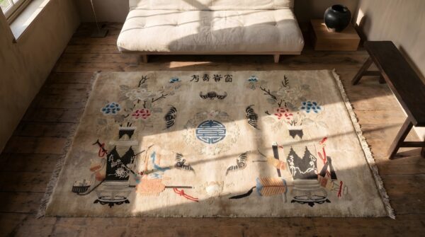 Antique chinese - baotou chinese ivory 1890s rug 2 Antique chinese - baotou chinese ivory 1890s rug (sku 22660) - styled overhead view