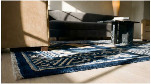Antique chinese - baotou small scatter size wool blue rug 11 Antique chinese - baotou small scatter size wool blue rug (sku 25209) - in-room detail