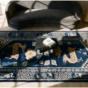 Antique Chinese - Baotou Small Scatter Size Wool Blue Rug (SKU 25209) - styled overhead view
