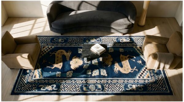 Antique chinese - baotou small scatter size wool blue rug 2 Antique chinese - baotou small scatter size wool blue rug (sku 25209) - styled overhead view