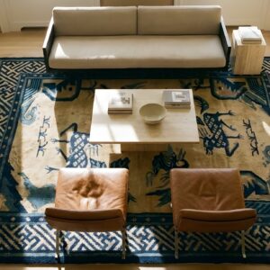 Antique Chinese - Baotou Small Scatter Size Wool Ivory Rug (SKU 25208) - styled overhead view