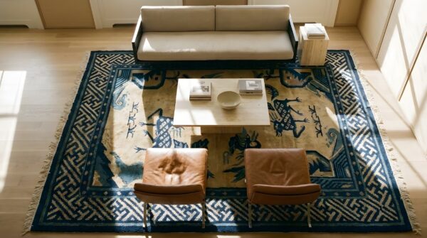 Antique chinese - baotou small scatter size wool ivory rug 2 Antique chinese - baotou small scatter size wool ivory rug (sku 25208) - styled overhead view