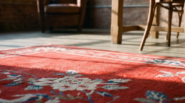 Antique chinese - baotou small scatter size wool red rug 6 Antique chinese - baotou small scatter size wool red rug (sku 21988) - in-room detail