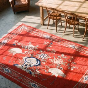 Antique Chinese - Baotou Small Scatter Size Wool Red Rug (SKU 21988) - styled overhead view