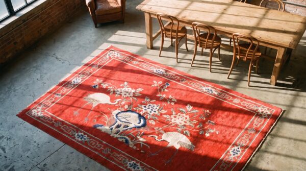 Antique chinese - baotou small scatter size wool red rug 2 Antique chinese - baotou small scatter size wool red rug (sku 21988) - styled overhead view