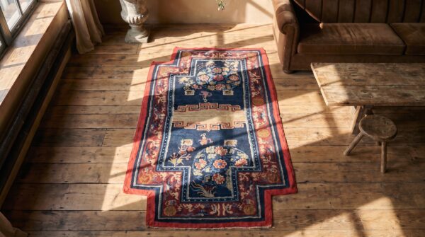 Antique chinese wool blue hand knotted pile rug 2 Antique chinese wool blue hand knotted pile rug (sku 21995) - styled overhead view