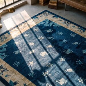 Antique Chinese Blue Background Floral Pattern Room Size Peking Rug (SKU 22396) - styled overhead view