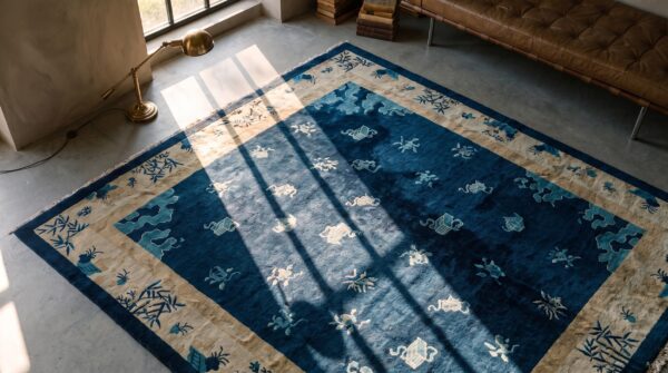 Antique chinese blue background floral pattern room size peking rug 2 Antique chinese blue background floral pattern room size peking rug (sku 22396) - styled overhead view