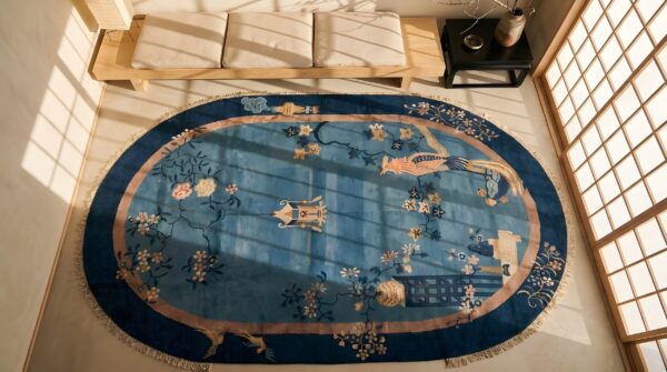 Antique chinese blue peking oval room size rug 2 Antique chinese blue peking oval room size rug (sku 22011) - styled overhead view