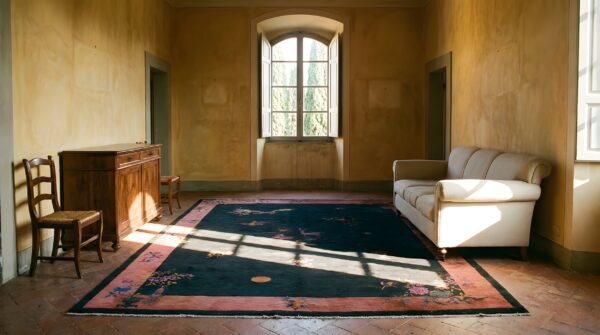 Knotted chinese blue rectangle - art deco antique room size 1920s wool rug 8 Knotted chinese blue rectangle - art deco antique room size 1920s wool rug (sku 25586) - room view