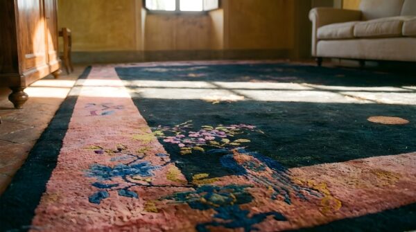 Knotted chinese blue rectangle - art deco antique room size 1920s wool rug 9 Knotted chinese blue rectangle - art deco antique room size 1920s wool rug (sku 25586) - in-room detail