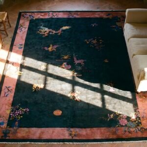 Knotted Chinese Blue Rectangle - Art Deco Antique Room Size 1920s Wool Rug (SKU 25586) - styled overhead view