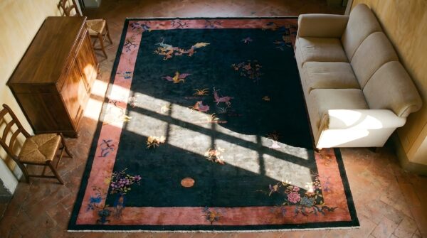 Knotted chinese blue rectangle - art deco antique room size 1920s wool rug 2 Knotted chinese blue rectangle - art deco antique room size 1920s wool rug (sku 25586) - styled overhead view